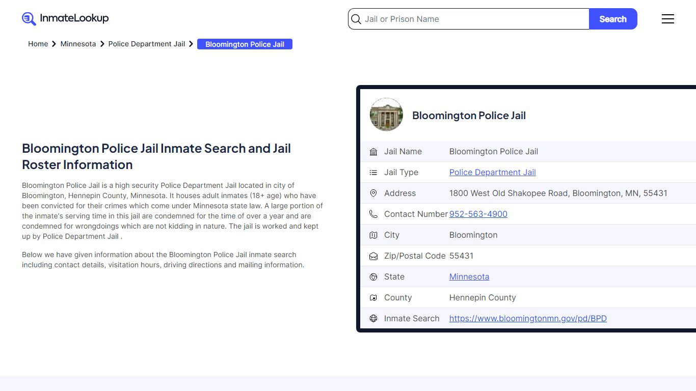 Bloomington Police Jail Inmate Search and Jail Roster Information